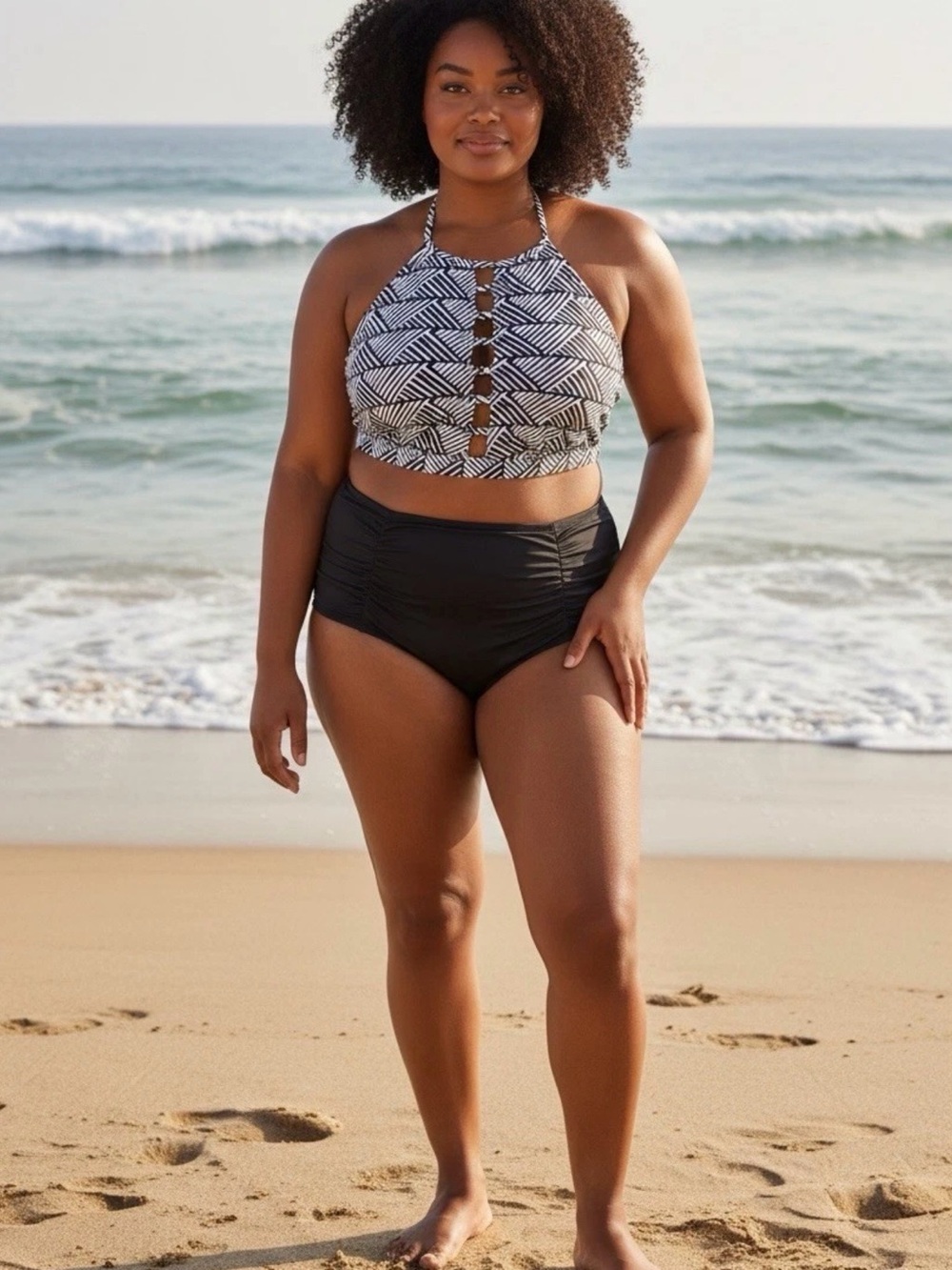 Shade & Shore Black High-Waist Bikini Bottom with Black-and-White Geo Halter Top